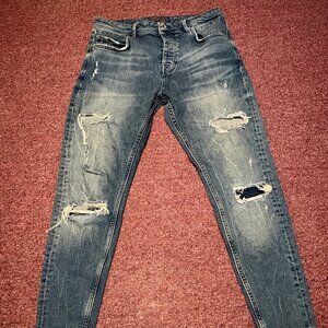 Zara Man Men’s Blue Denim Jeans Size 32x27 Button Fly Distressed Casual Everyday